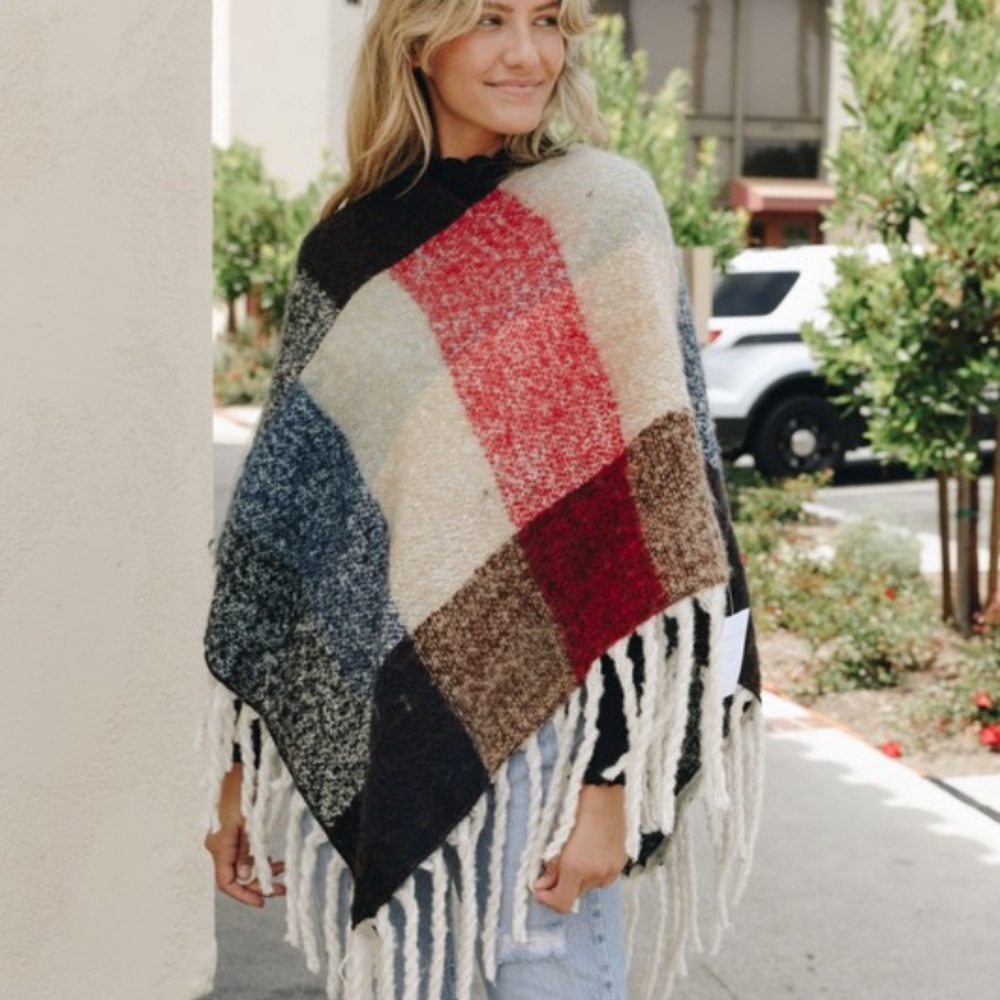 Boho Cozy Colorblock Poncho Sweater Jacket One Size
